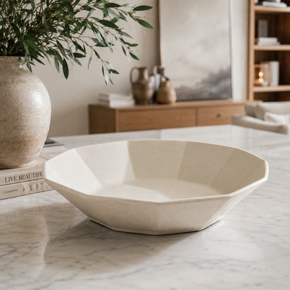 13" Large Geometric Faceted Ivory Ceramic Bowl Modern Organic Neutral Home Decor